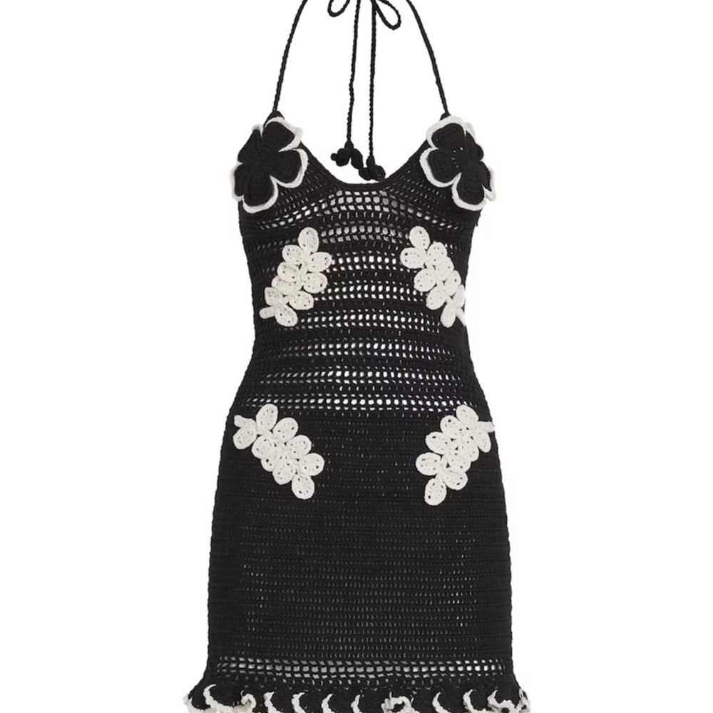 PatBI Black Crochet Halter Mini Dress with White Floral Appliqués - Picture 2 of 12
